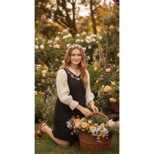 Amanda Smith 90s Cottagecore Pinafore Overall Embroidered‎ Dress Petite Medium